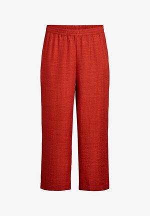 Röda, lätta byxor med vidaben, elastisk midja och en texturerad, skrynklig yta. Längd till mitten av vaden med en lös passform.