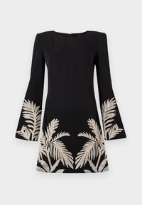 Black dress with flared sleeves, featuring gold embroidered palm leaf designs along the hem and sleeves. Made of smooth fabric.
