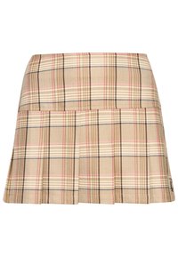 Gonna beige a quadri con un motivo a scacchi nei toni del marrone, nero e rosa. Presenta pieghe e un orlo dritto. Realizzata in tessuto intrecciato.