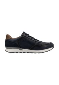 Navy blue athletic shoes made of leather and synthetic materials. Features a tan accent at the heel, black laces, and a white outsole.