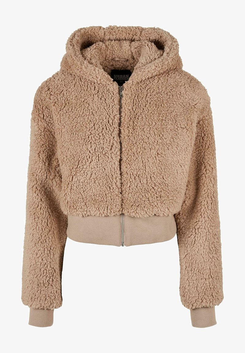 Haut de survêtement cropped marron en tissu texturé et douillet, avec une capuche, une fermeture éclair à l'avant et des poignets et un ourlet côtelés. Aspect doux et chaud.