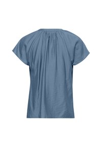 Chemise bleu à manches courtes avec un col rond, présentant des détails froncés à l'arrière. Fabriquée dans un tissu texturé.