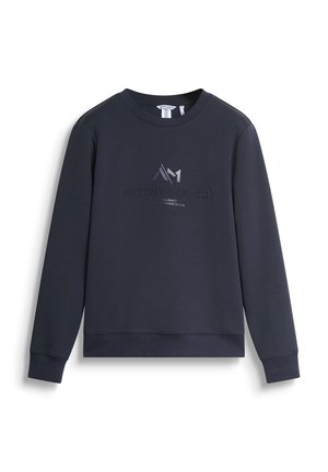 Marineblauwe sweatshirt met een ronde hals, zachte textuur en een glanzend logo in het midden van de borst. Geribbelde manchetten en onderkant.
