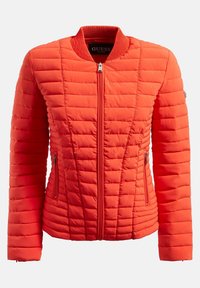 Giacca arancione trapuntata in materiale sintetico; presenta una zip frontale, colletto a coste e tasche laterali con cerniere metalliche.