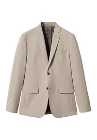 Beige op maat gemaakte blazer met een notch revers, twee voorkanten zakken, drie knopen en een gladde textuur. De binnenkant heeft een contrasterende voering.