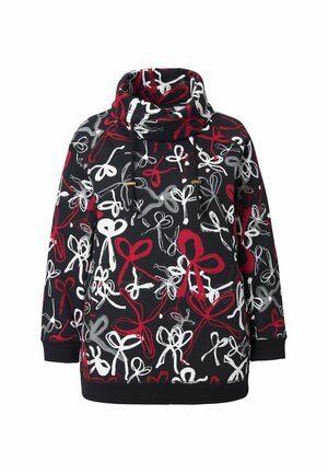 Zwarte hoodie met een trekkoord in de hals, versierd met een meerkleurig strikpatroon in rood, wit en grijs op een donkere achtergrond.