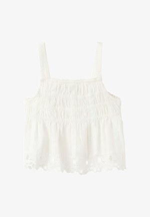 Witte mouwloze smocked cropped top met brede bandjes en opengewerkte kanten rand langs de zoom.