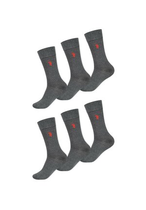 Six pairs of gray cotton socks featuring a ribbed cuff and a red logo detail. Each sock has a smooth texture and classic crew length.