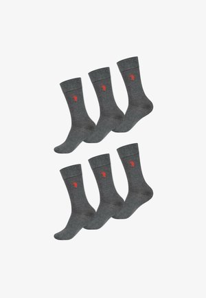Six pairs of gray cotton socks featuring a ribbed cuff and a red logo detail. Each sock has a smooth texture and classic crew length.