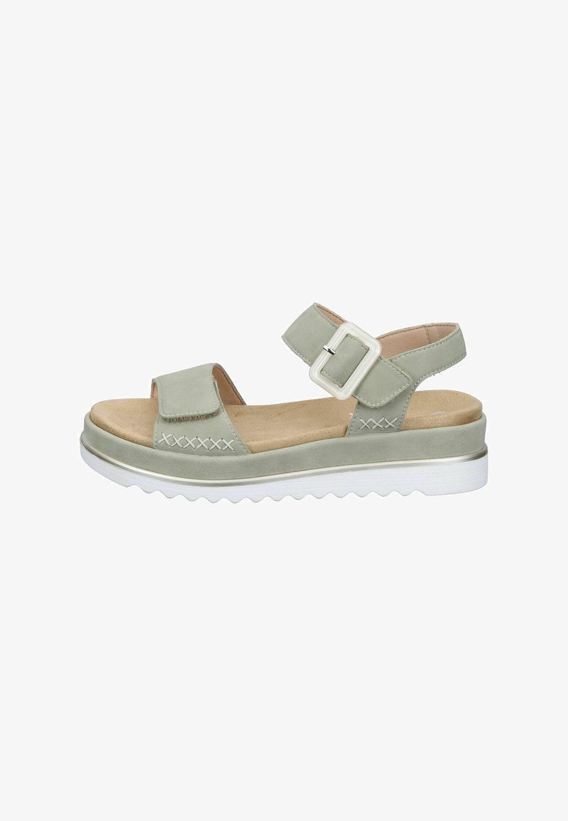 Světlé zelené sandály s otevřenou špičkou, nastavitelným páskem na suchý zip, dekorativní přezkou, polstrovanou stélkou a bílou vroubkovanou podrážkou.