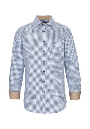 Camicia azzurro chiaro a maniche lunghe con bottoni, motivo a diamante blu scuro, colletto interno e polsini beige, e bottoni scuri lungo il davanti.