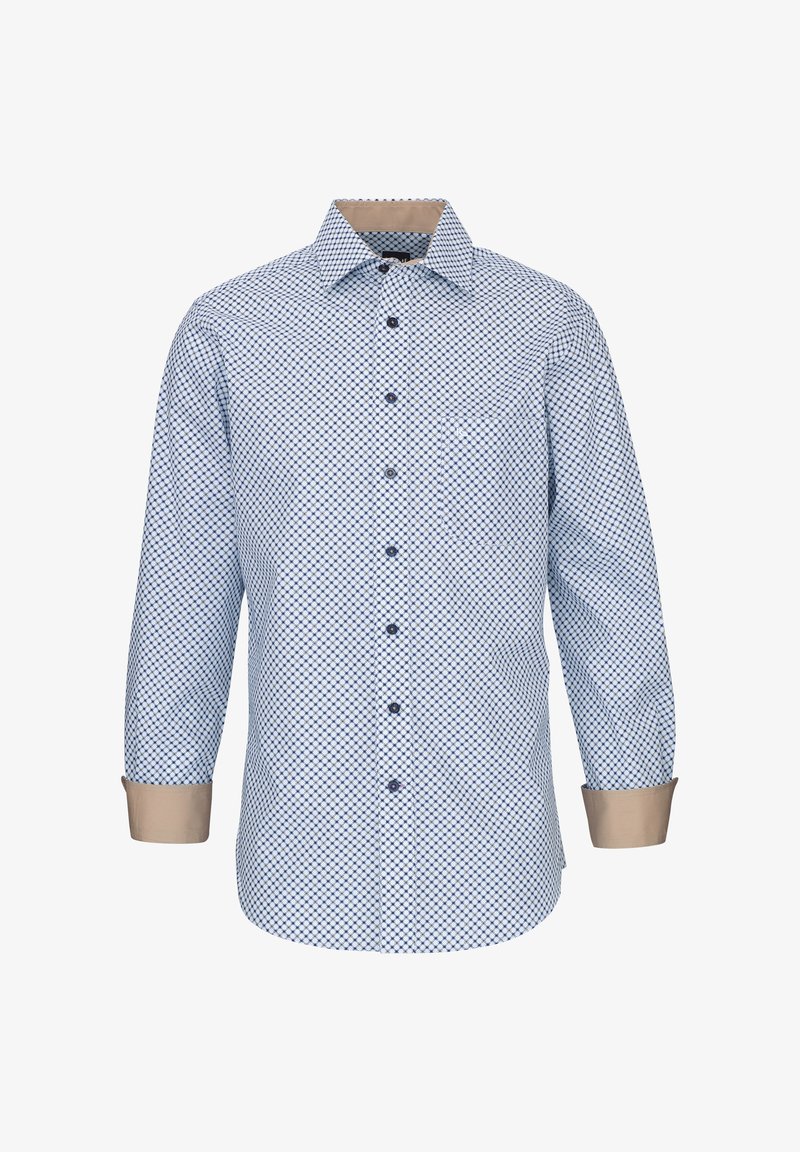 Hellblaues, langärmeliges Hemd mit Knöpfen, dunkelblauem Diamantmuster, beigem Innenkragen und Manschetten sowie dunklen Knöpfen vorne.