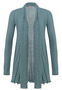 Stickad kofta i teal, med öppen front, långa ärmar och ett mönstrat textur med en lätt drapering vid fållen.