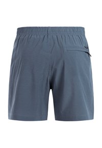 Pantalones cortos azules para hombre con textura, cintura elástica y bolsillo trasero con cremallera en el lado derecho.