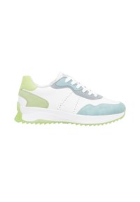Sneaker bianco con accenti blu chiaro e verde. Presenta materiali in suede e pelle, punta arrotondata, design con lacci e suola in gomma testurizzata.