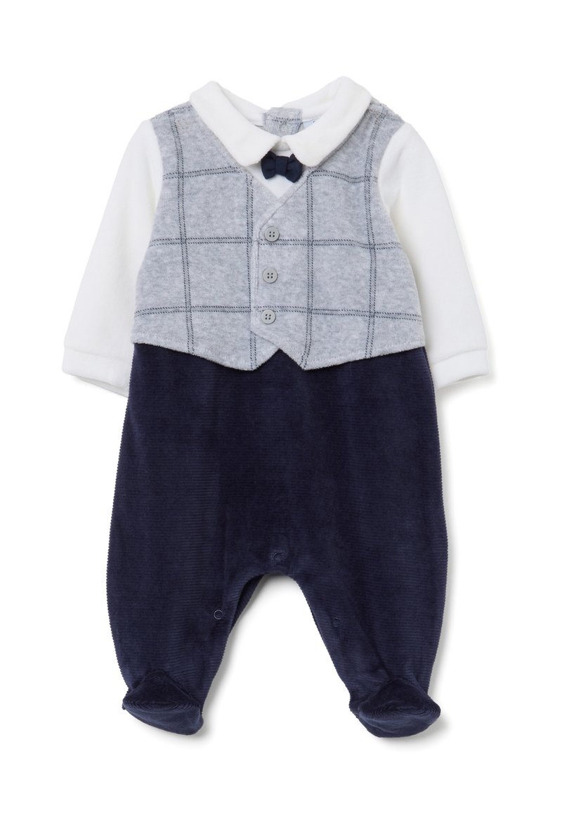Salopette in velluto a coste blu navy con gilet a quadri grigi, maniche lunghe bianche e papillon blu navy. Presenta chiusura con bottoni e snap sul fondo.