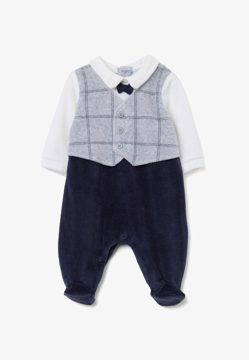 Salopette in velluto a coste blu navy con gilet a quadri grigi, maniche lunghe bianche e papillon blu navy. Presenta chiusura con bottoni e snap sul fondo.
