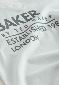 Lichtgrijze sweatshirt met verhoogde donkergrijze tekst waarop staat "BAKER by Ted Baker Established 1988 London." Zachte textuur en casual design.