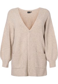 Beżowy, dzianinowy kardigan z głębokim dekoltem w serek, z suwakami z przodu oraz dwiema kieszeniami z przodu. Posiada luźne rękawy oraz szczegóły ściągacza na dole.
