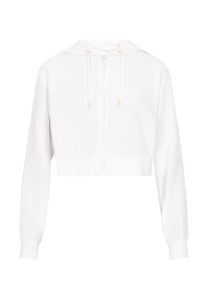 Skratená biela mikina s dlhými rukávmi, predným zipsom a šnúrkami s ružovým akcentom. Vyrobená z mäkkého materiálu s hladkou textúrou.