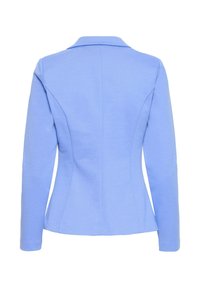 Blazer ajusté pour femme bleu clair avec manches longues et petit col, montré de dos sur fond blanc.