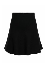 Czarna spódnica w kształcie litery A z rozszerzanym dołem, prostym paskiem w talii i gładką teksturą materiału, wyeksponowana na białym tle.