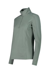 Lys grøn langærmet pullover med halv lynlås, lavet af glat, strækbart stof. Har en ståkrave og forstærkede syninger.