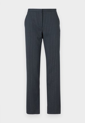Dark blue trousers with vertical pinstripes, tailored design, smooth texture, straight legs, and a standard waistband.