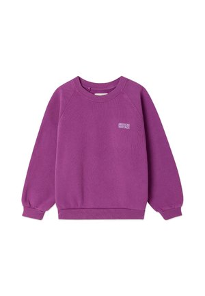 Felpa viola con scollo rotondo, maniche lunghe e polsini a coste, con piccolo testo "American Vintage" sul petto sinistro.