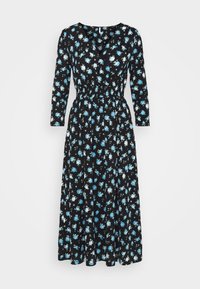 Robe midi noire à motif floral bleu et blanc, encolure en V, manches 3/4 et taille froncée.