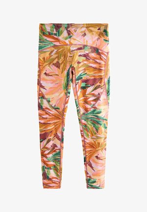 Leggings made of lightweight fabric in a multicolored tropical leaf pattern, featuring shades of orange, pink, and green with flat seams.