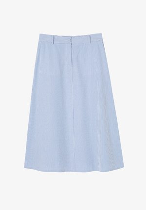 Blauw en wit gestreepte A-lijn rok, zachte stof, middellange lengte, met een tailleband met riemlussen en onopvallende zijzakken.