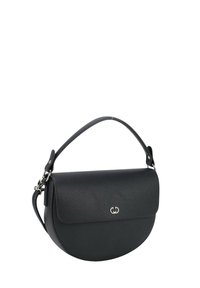Schwarze Lederhandtasche mit strukturiertem Finish, geschwungener Form und abgerundetem Klappdeckel. Verfügt über einen kurzen Griff und metallische Hardware-Details.