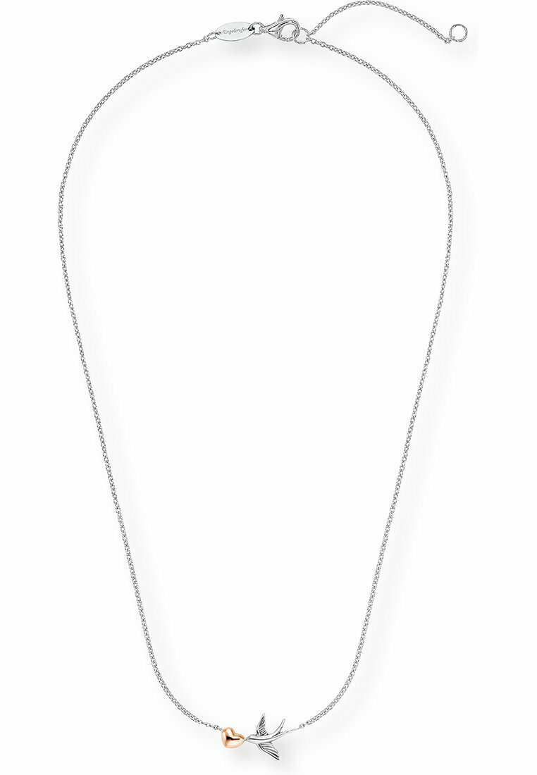 Collana in argento con un design a forma di uccello, con un piccolo accento a forma di cuore in oro. La catena è finemente intrecciata e regolabile in lunghezza.