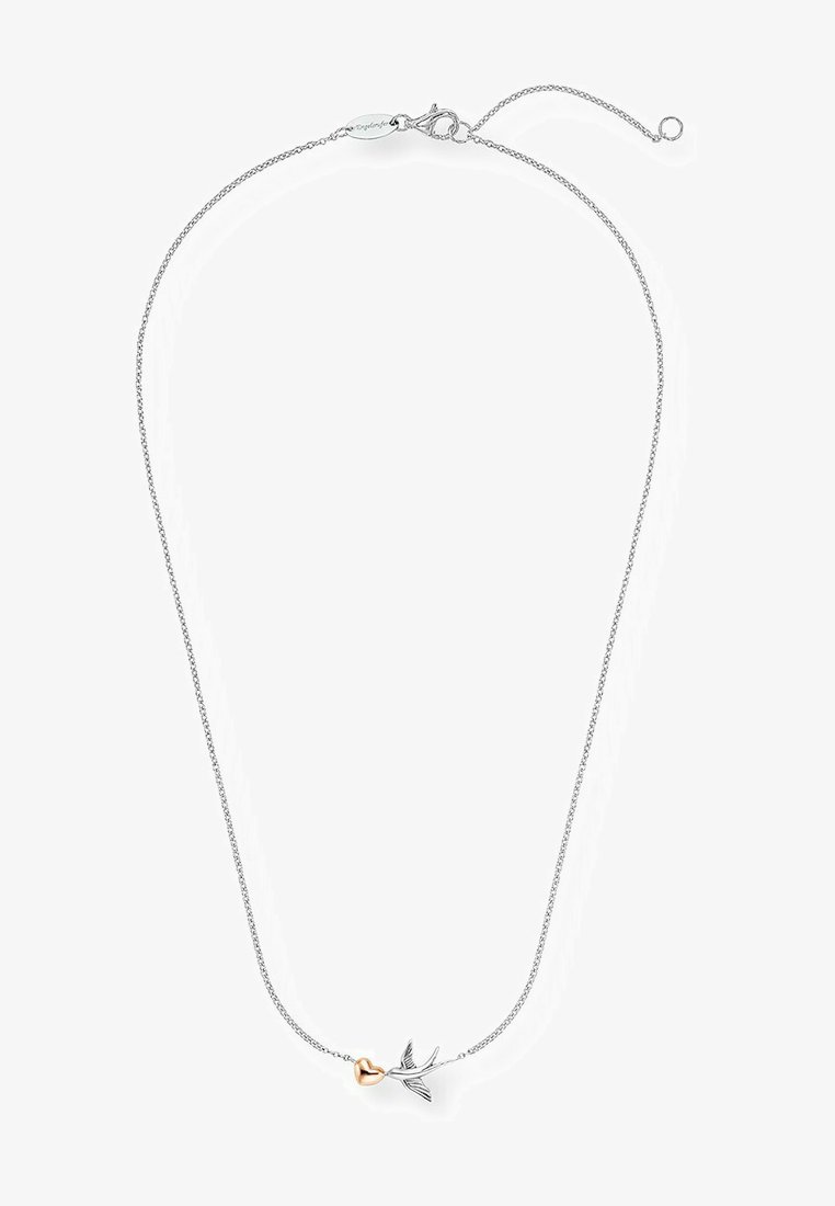 Collana in argento con un design a forma di uccello, con un piccolo accento a forma di cuore in oro. La catena è finemente intrecciata e regolabile in lunghezza.