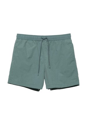 Shorts de bain légers verts avec taille élastique et cordon de serrage sur un fond blanc uni.