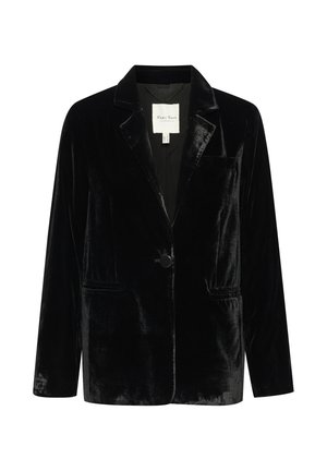 Black velvet blazer with a classic lapel, single button closure, and two front pockets, featuring a smooth, glossy texture.