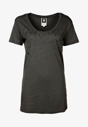 Dark gray T-shirt with a scoop neck, short sleeves, and a textured, embossed logo across the chest. Made from soft, lightweight fabric.