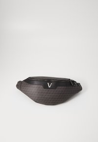 Black patterned fanny pack with a textured fabric body, curved shape, silver hardware, and a prominent V logo on the front.