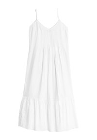 Weißes ärmelloses Kleid aus leichtem Stoff, mit einem plissierten Oberteil und einem ausgestellten, volantrimmed Saum. Glatte Textur im gesamten Kleid.