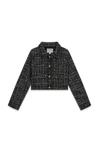 Czarna i biała skrócona kurtka z tkaniny tweedowej, z kołnierzem, zapięciem na guziki z przodu oraz długimi rękawami o fakturowanym wzorze.