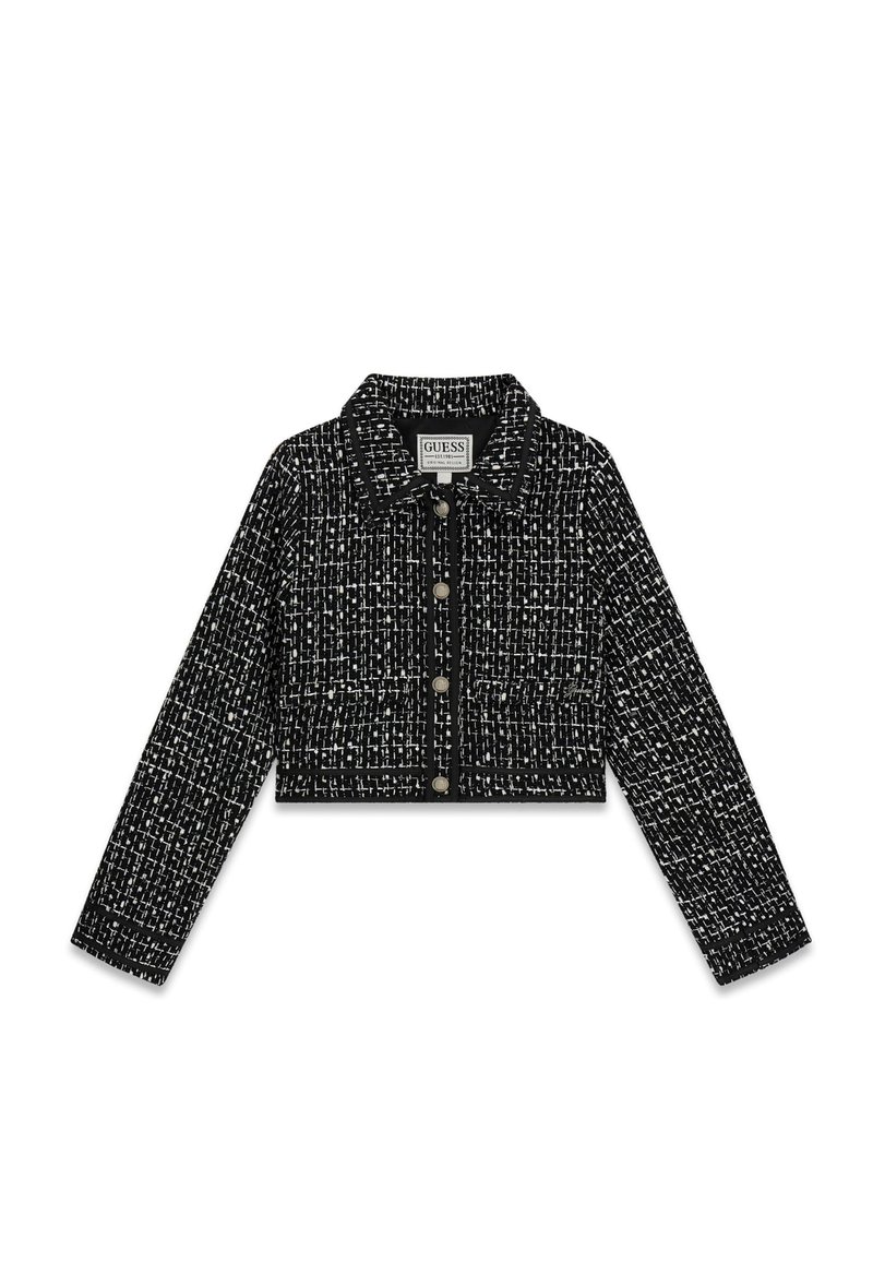Czarna i biała skrócona kurtka z tkaniny tweedowej, z kołnierzem, zapięciem na guziki z przodu oraz długimi rękawami o fakturowanym wzorze.