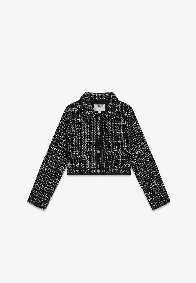 Czarna i biała skrócona kurtka z tkaniny tweedowej, z kołnierzem, zapięciem na guziki z przodu oraz długimi rękawami o fakturowanym wzorze.