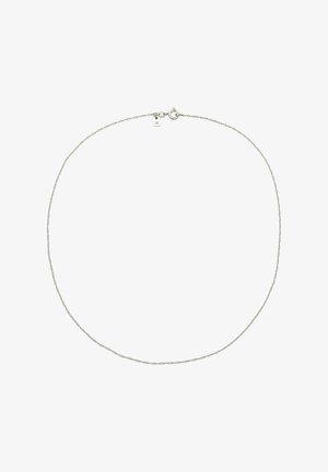 Silberne Kettenhalskette mit verdrehtem Design, einem runden Verschluss und einem kleinen rechteckigen Anhänger.