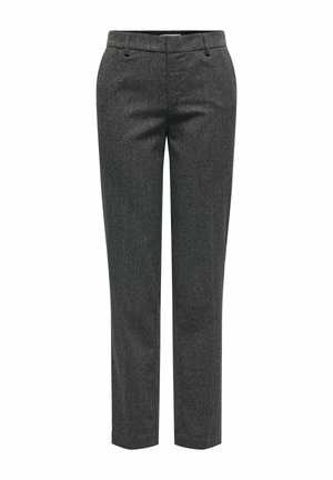 Pantalons gris ajustés en tissu texturé. Présentent une coupe slim, une taille plate, des passants de ceinture et pas de poches visibles.