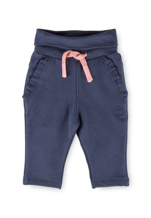 Marineblaue Sweatpants mit gefaltetem Bund, einer pinken Kordel, Seitentaschen und vertikalen dekorativen Nähten an den Seiten.