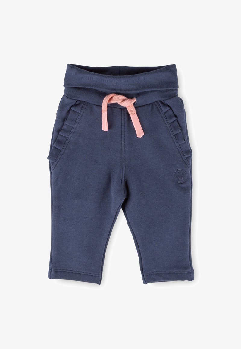 Navy blue sweatpants with a folded waistband, featuring a pink drawstring, side pockets, and vertical decorative stitching on the sides.