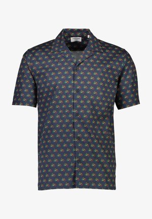 Koszula z krótki rękawem w granatowym kolorze z wzorem kolorowych rowerów. Zapięcie na guziki z przodu i klasyczny kołnierzyk. Miękka textura.