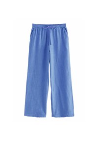  Lichtblauwe wijde broek gemaakt van een gestructureerde stof, met een elastische tailleband en een trekkoord voor een verstelbare pasvorm.
