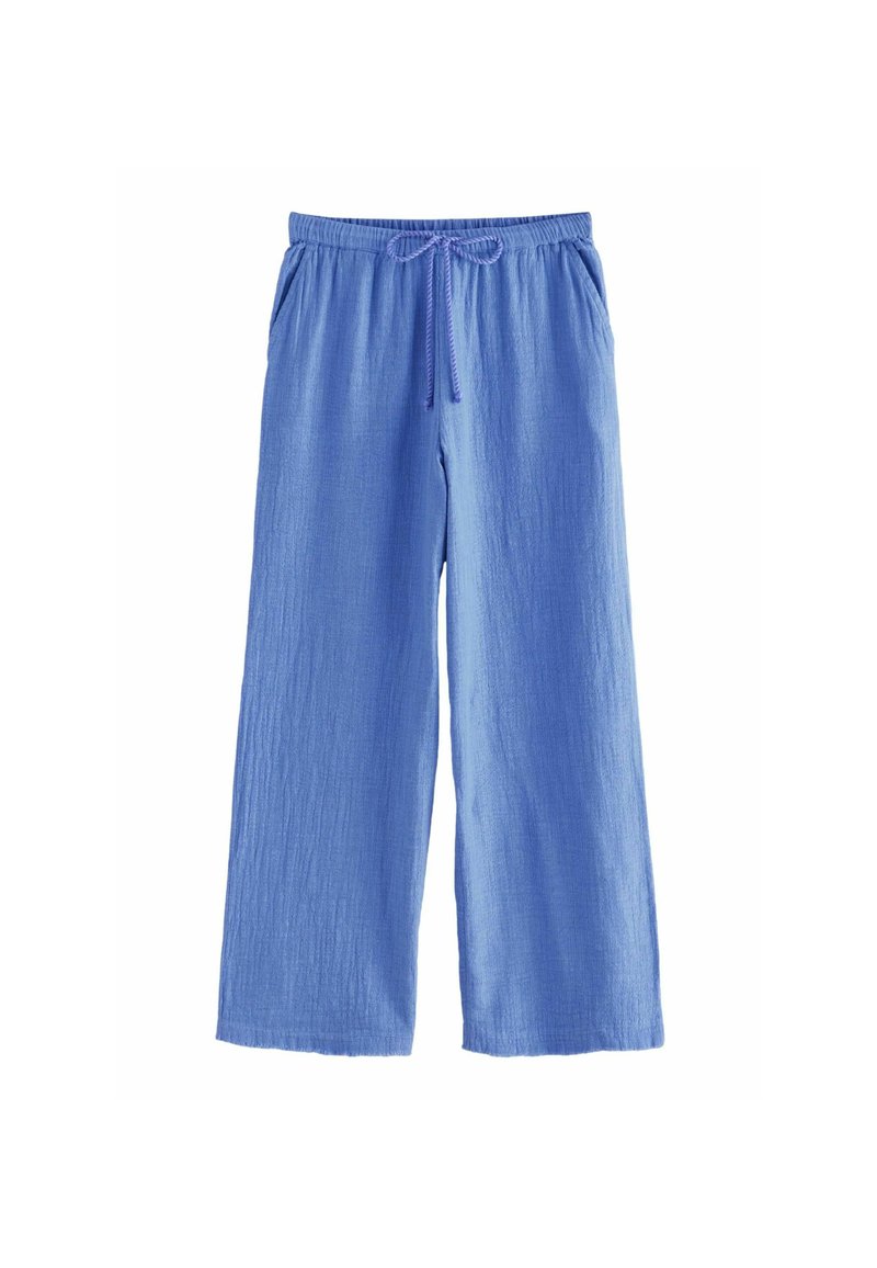  Lichtblauwe wijde broek gemaakt van een gestructureerde stof, met een elastische tailleband en een trekkoord voor een verstelbare pasvorm.